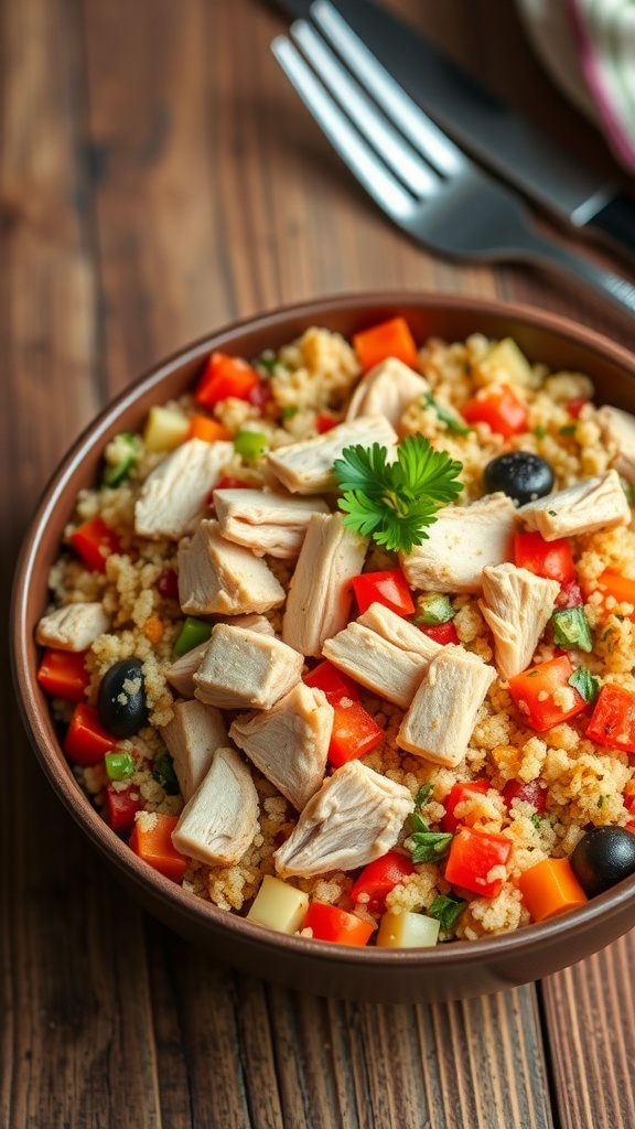 A healthy bowl of chicken and quinoa with vegetables, garnished with parsley, on a rustic table.
